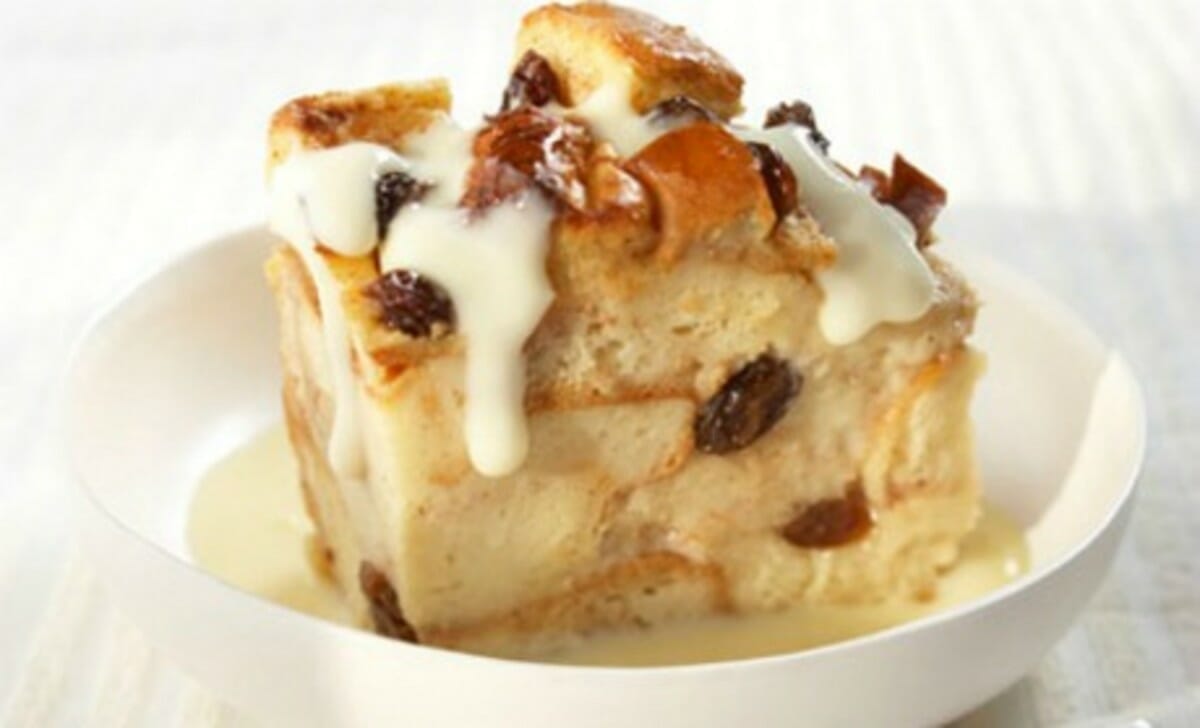 Cinnamon Raisin Bread Pudding with Vanilla Pudding Sauce - Jamie Geller