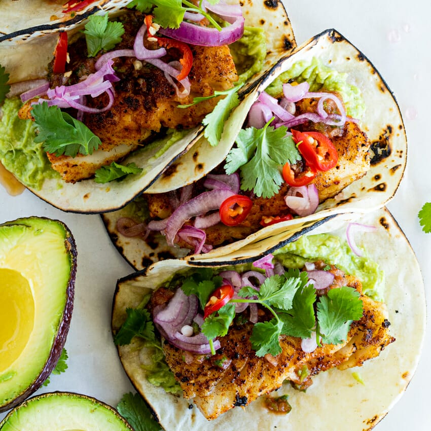Pan seared fish tacos with smashed avocado - Simply Delicious
