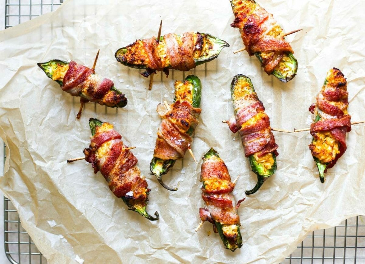 Cheesy Chicken Stuffed Bacon-Wrapped Jalapeños - The Defined Dish
