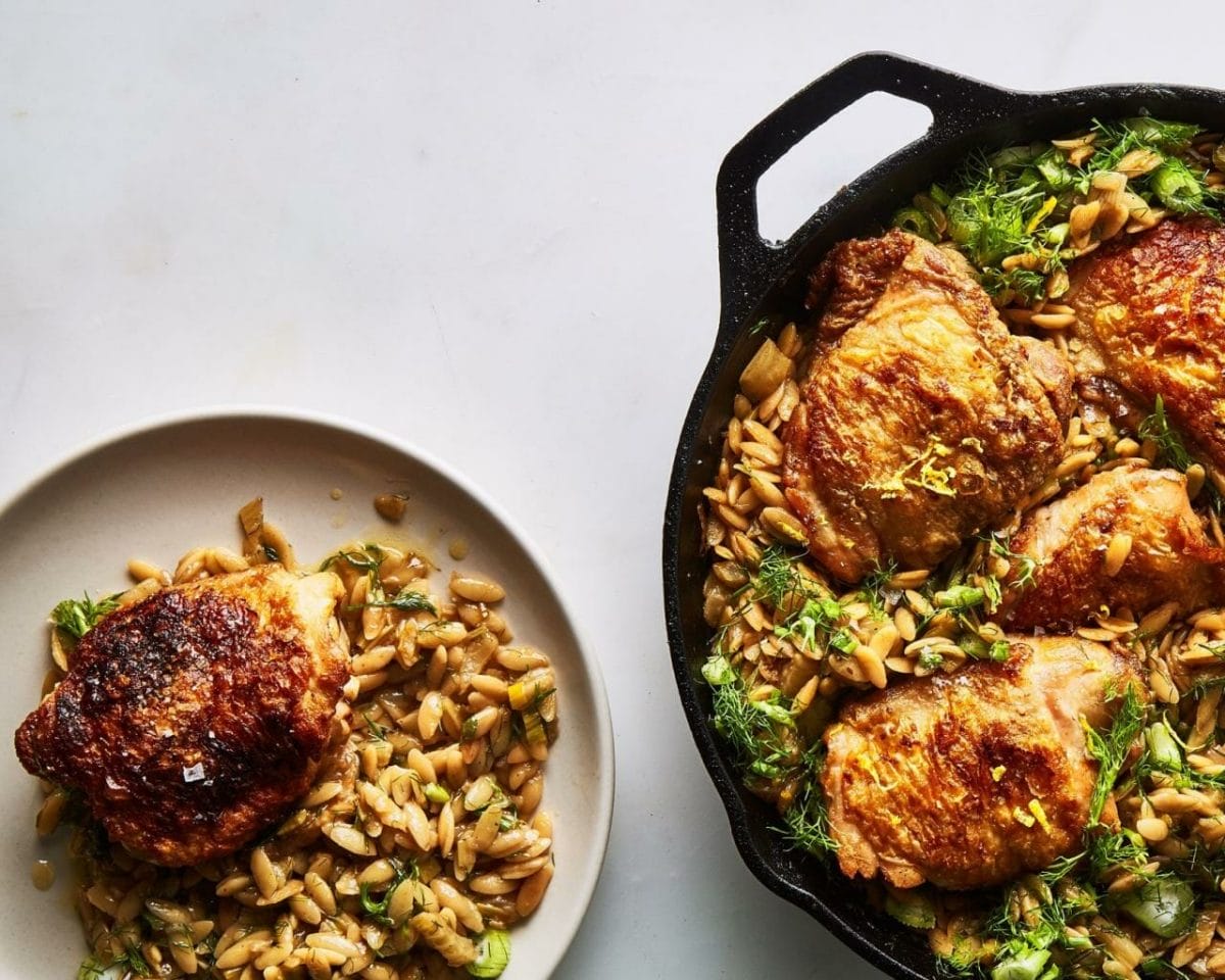 One-Skillet Chicken with Buttery Orzo and Fennel Recipe Recipe | Epicurious
