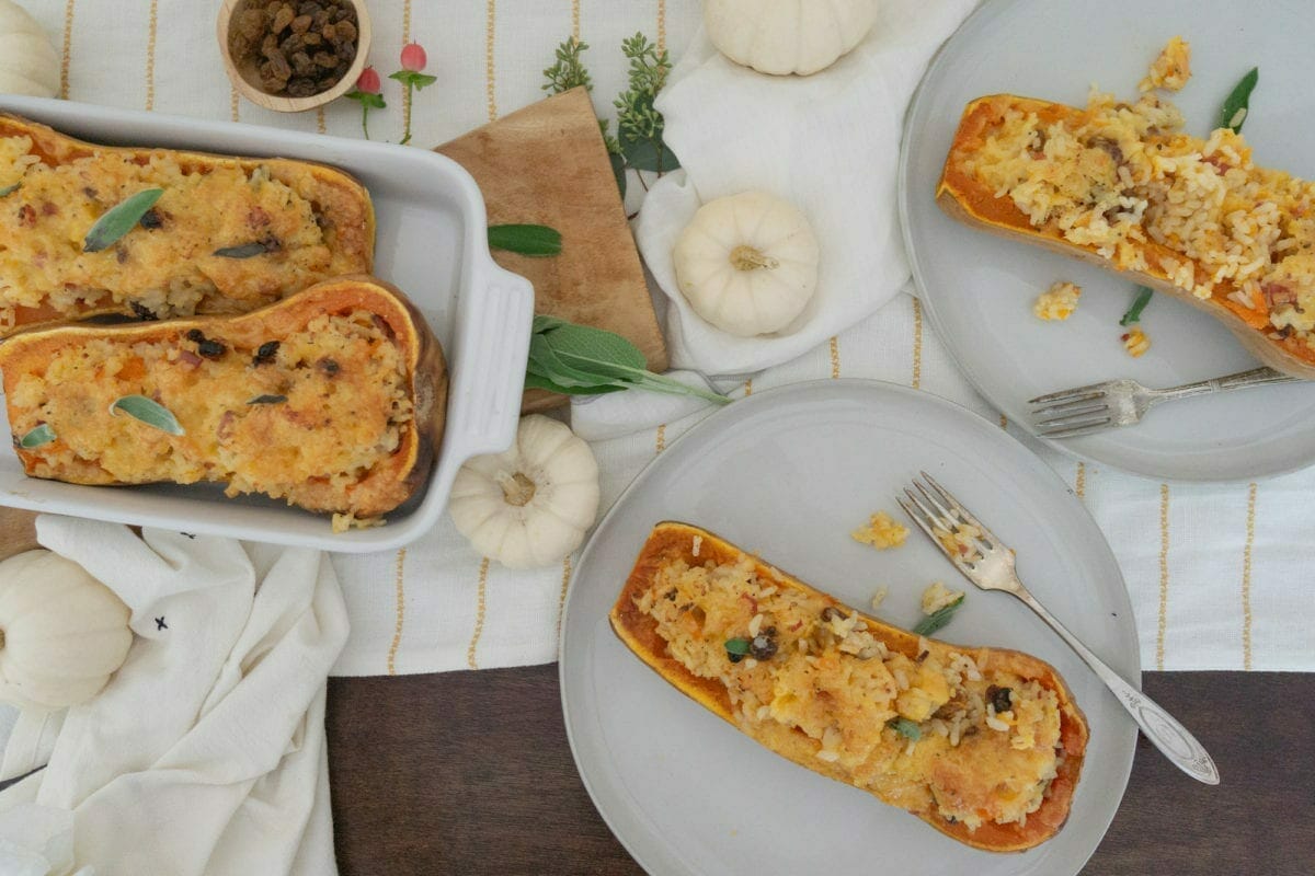 Golden Raisin and Cheddar Risotto Stuffed Butternut Squash - Darling Down South