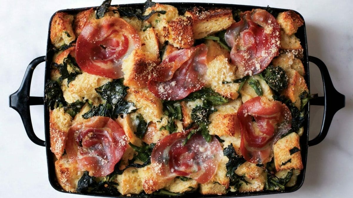 Parmesan Bread Pudding with Broccoli Rabe and Pancetta Recipe | Epicurious